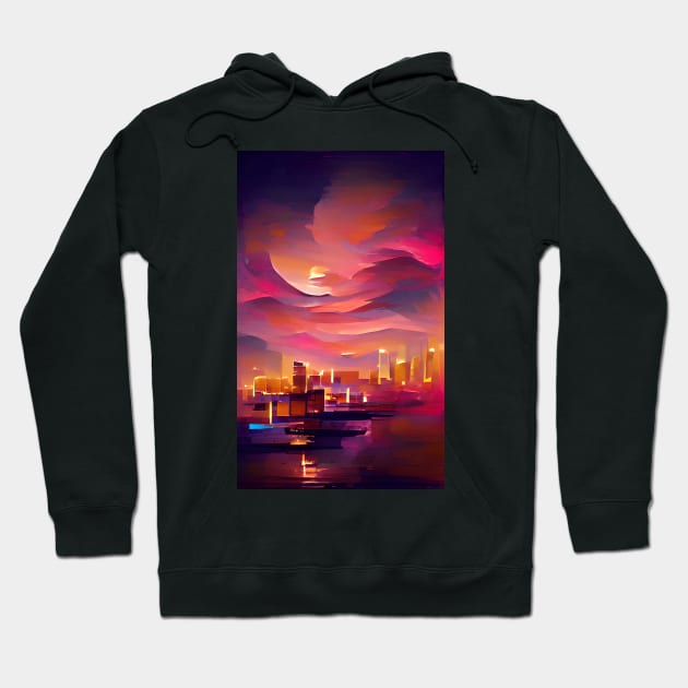 Sunset Cityscape Watercolor Dream Art Hoodie by Holisticfox